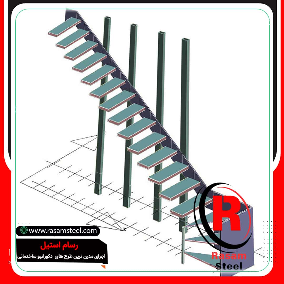 طراحی شاسی راه پله معلق کنار دیوار